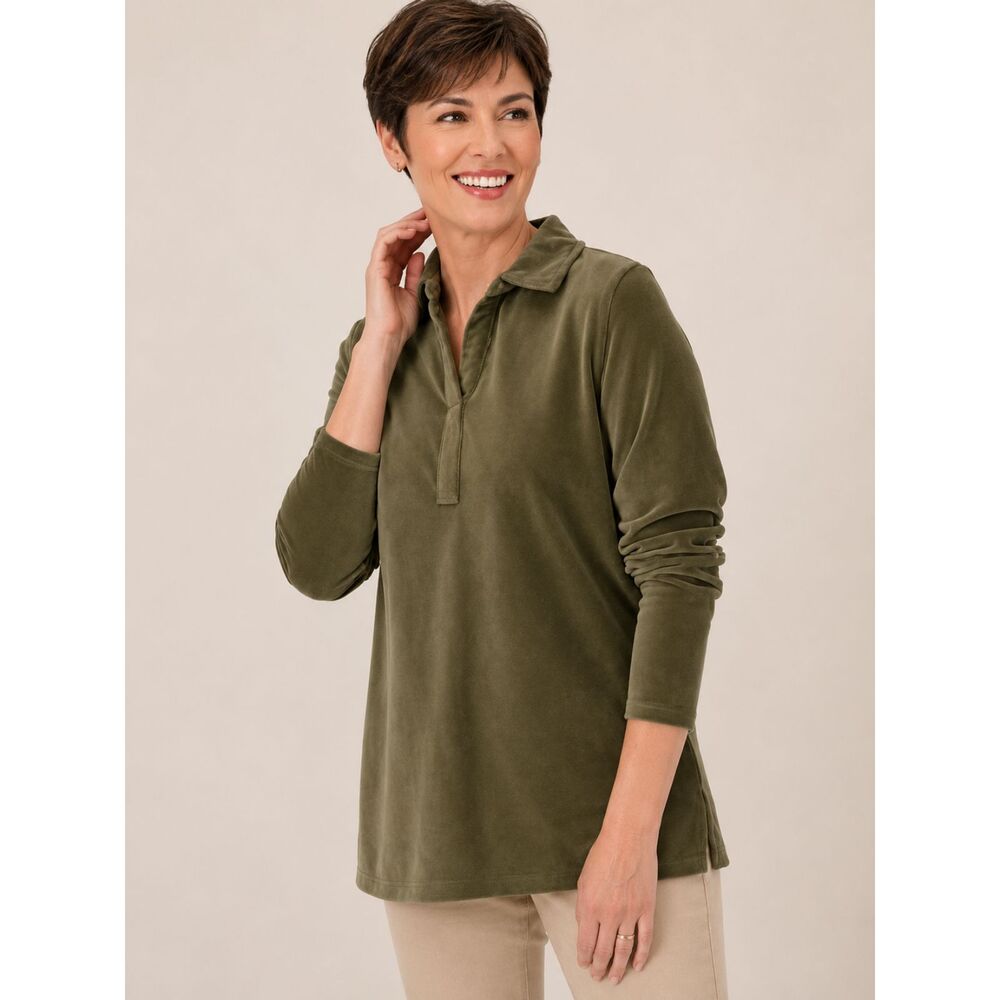 Belle Kim Gravel Loden Olive Ribbed Corduroy Split Neck Popover Top Size Large